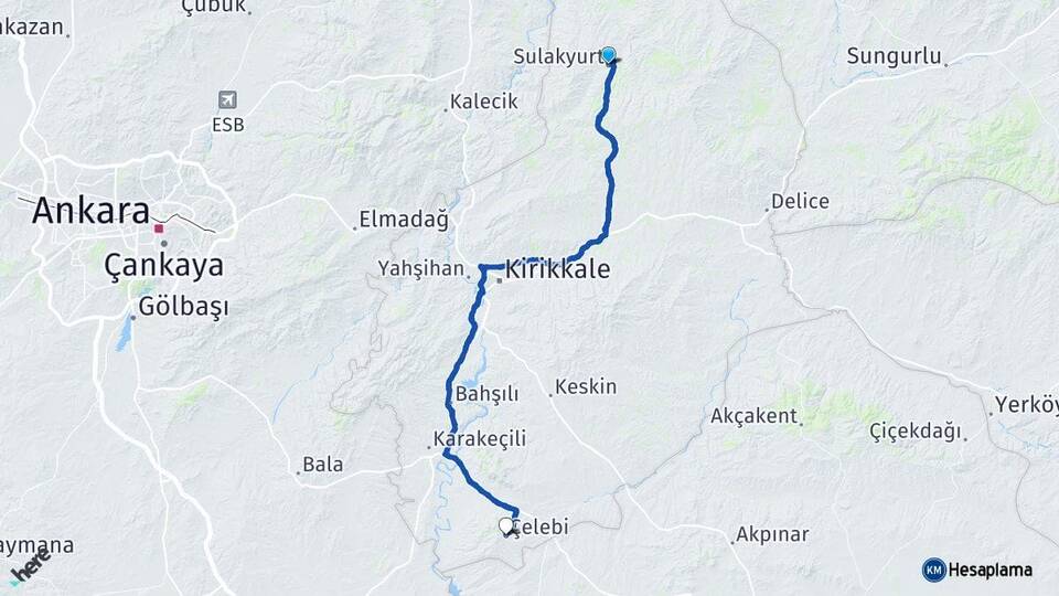 Kırıkkale Sulakyurt Çelebi Arası Kaç Km - Yol Haritası