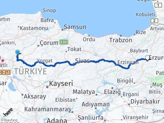 Kırıkkale Sulakyurt Erzurum Arası Kaç Km - Yol Haritası