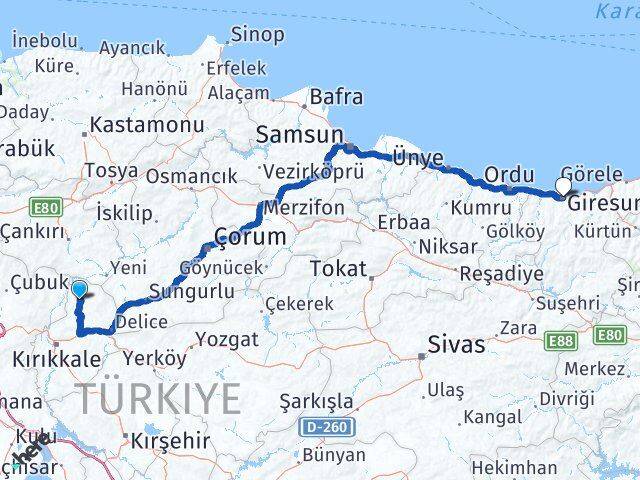 Kırıkkale Sulakyurt Giresun Arası Kaç Km - Yol Haritası