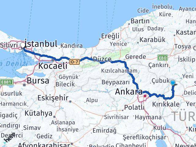 Kırıkkale Sulakyurt İstanbul Arası Kaç Km - Yol Haritası