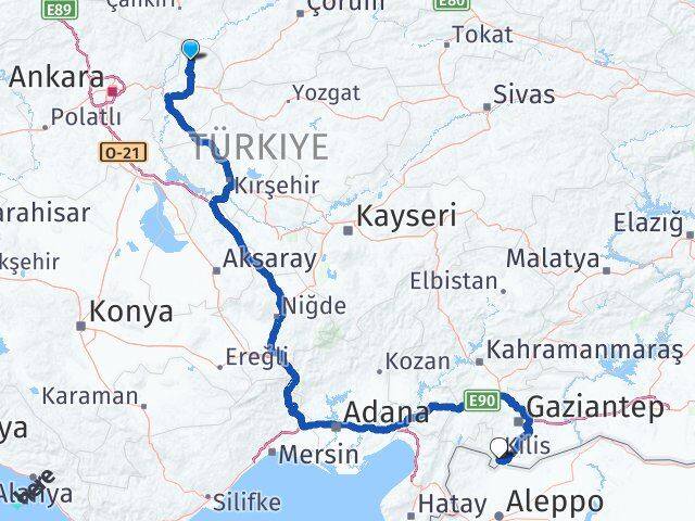 Kırıkkale Sulakyurt Kilis Arası Kaç Km - Yol Haritası