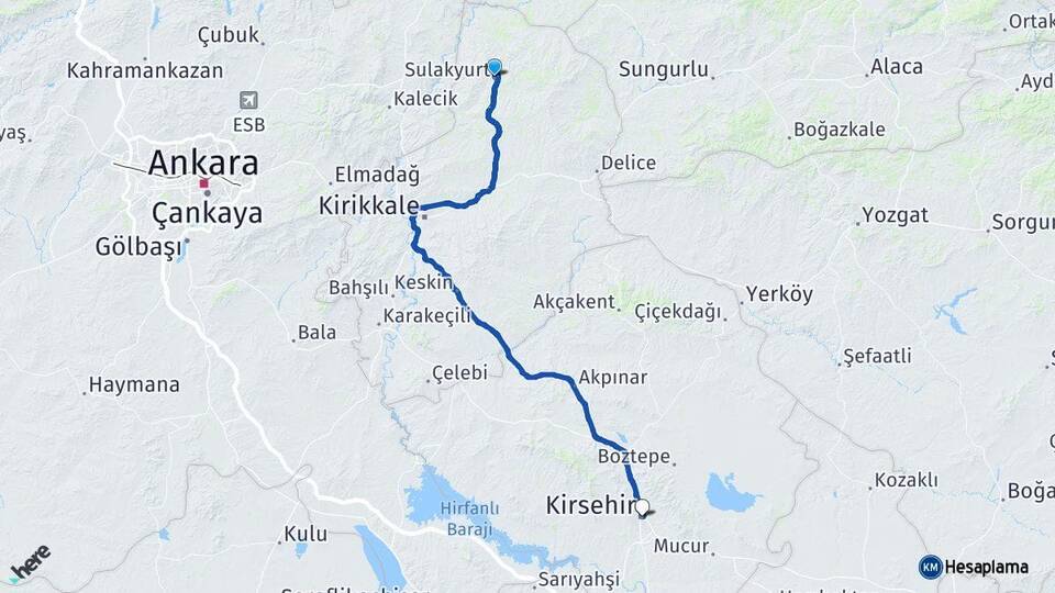 Kırıkkale Sulakyurt Kırşehir Arası Kaç Km - Yol Haritası