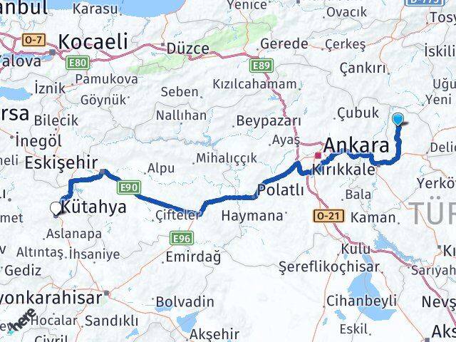 Kırıkkale Sulakyurt Kütahya Arası Kaç Km - Yol Haritası