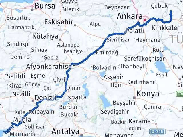 Kırıkkale Sulakyurt Muğla Arası Kaç Km - Yol Haritası
