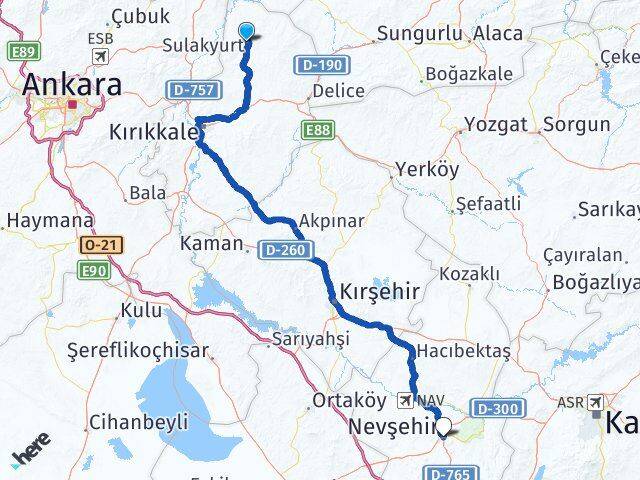 Kırıkkale Sulakyurt Nevşehir Arası Kaç Km - Yol Haritası