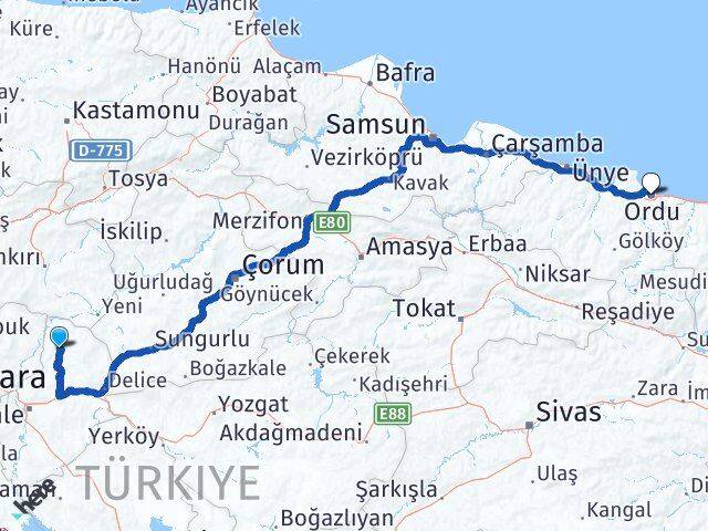 Kırıkkale Sulakyurt Ordu Arası Kaç Km - Yol Haritası