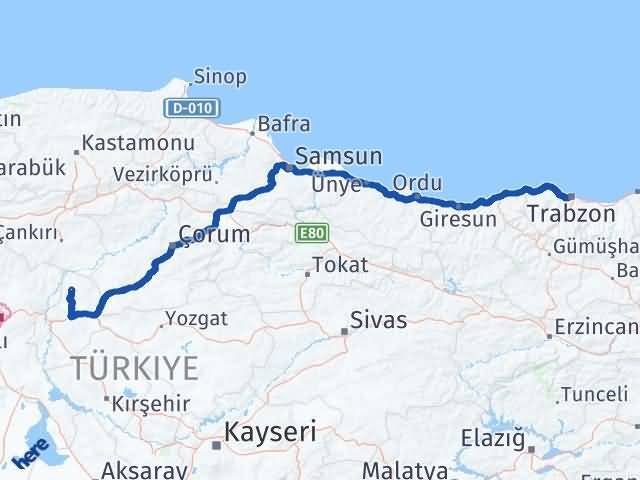 Kırıkkale Sulakyurt Trabzon Arası Kaç Km - Yol Haritası