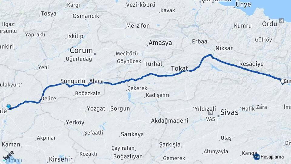 Kırıkkale Suşehri Sivas Arası Kaç Km - Yol Haritası