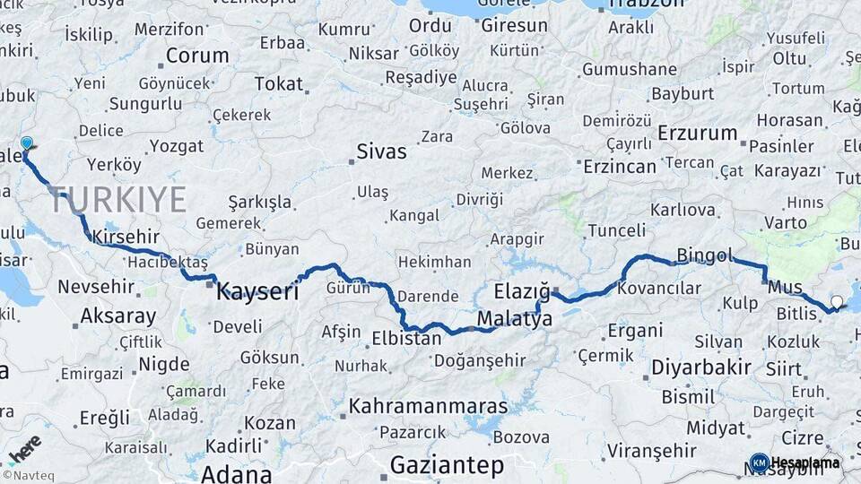 Kırıkkale Tatvan Bitlis Arası Kaç Km - Yol Haritası