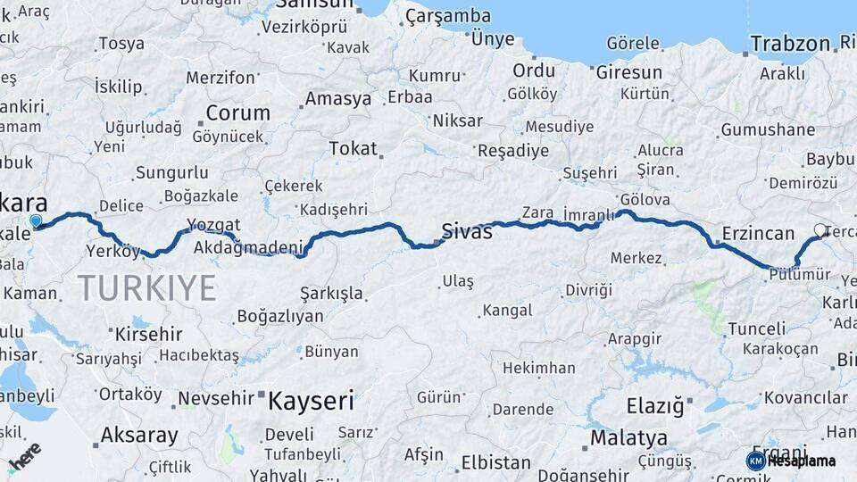 Kırıkkale Tercan Erzincan Arası Kaç Km - Yol Haritası
