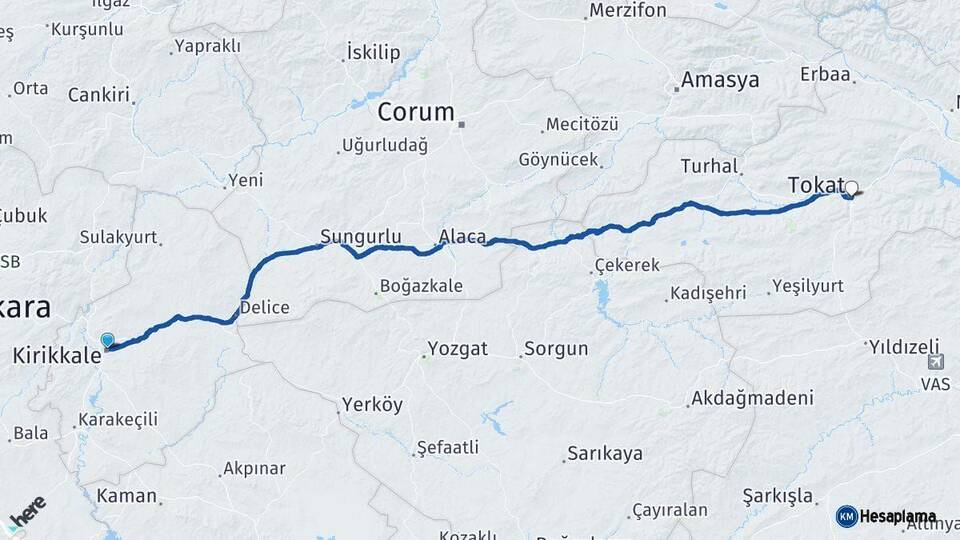 Kırıkkale Tokat Arası Kaç Km - Yol Haritası