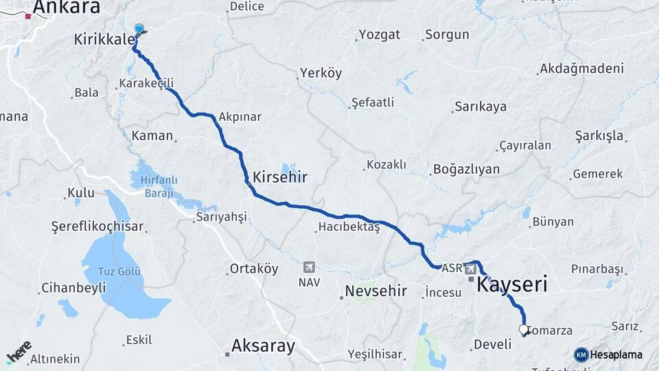 Kırıkkale Tomarza Kayseri Arası Kaç Km - Yol Haritası