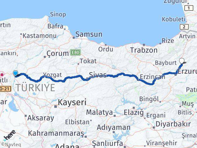 Kırıkkale Tortum Erzurum Arası Kaç Km - Yol Haritası