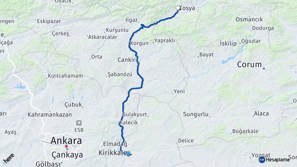 Kırıkkale Tosya Kastamonu Arası Kaç Km - Yol Haritası