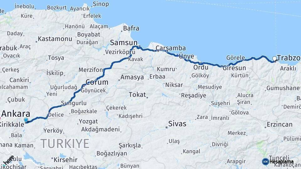 Kırıkkale Trabzon Arası Kaç Km - Yol Haritası