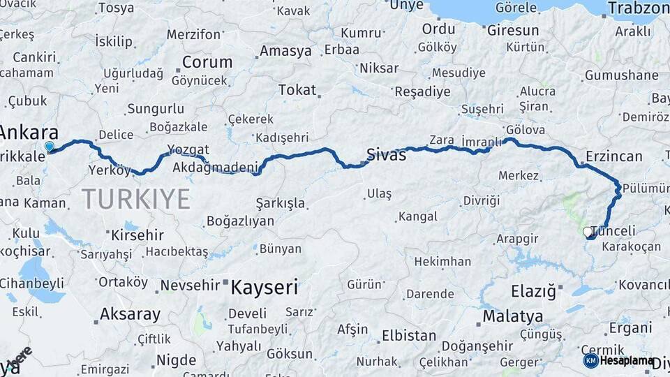Kırıkkale Tunceli Arası Kaç Km - Yol Haritası