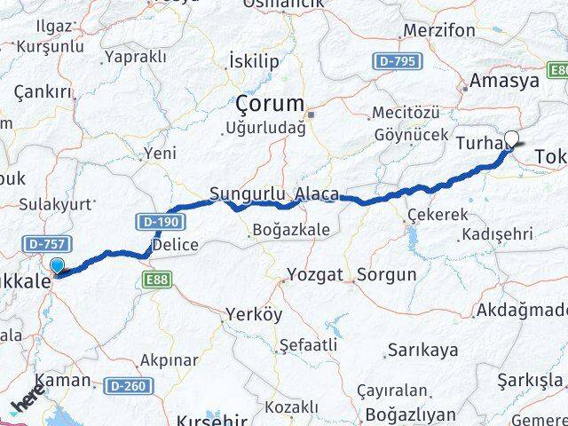Kırıkkale Turhal Tokat Arası Kaç Km - Yol Haritası