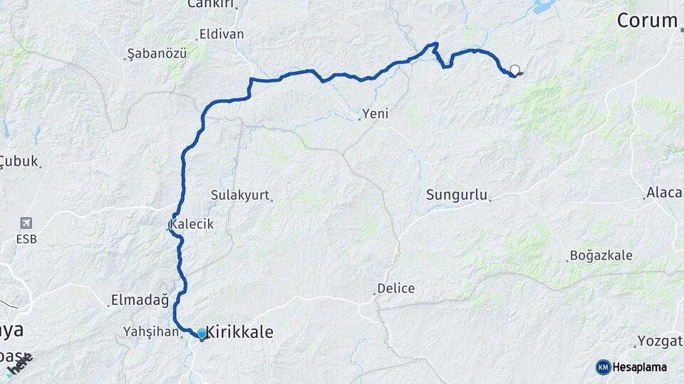Kırıkkale Uğurludağ Çorum Arası Kaç Km - Yol Haritası