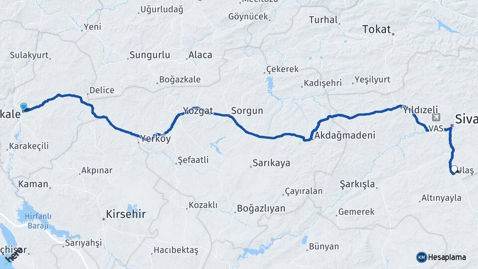 Kırıkkale Ulaş Sivas Arası Kaç Km - Yol Haritası