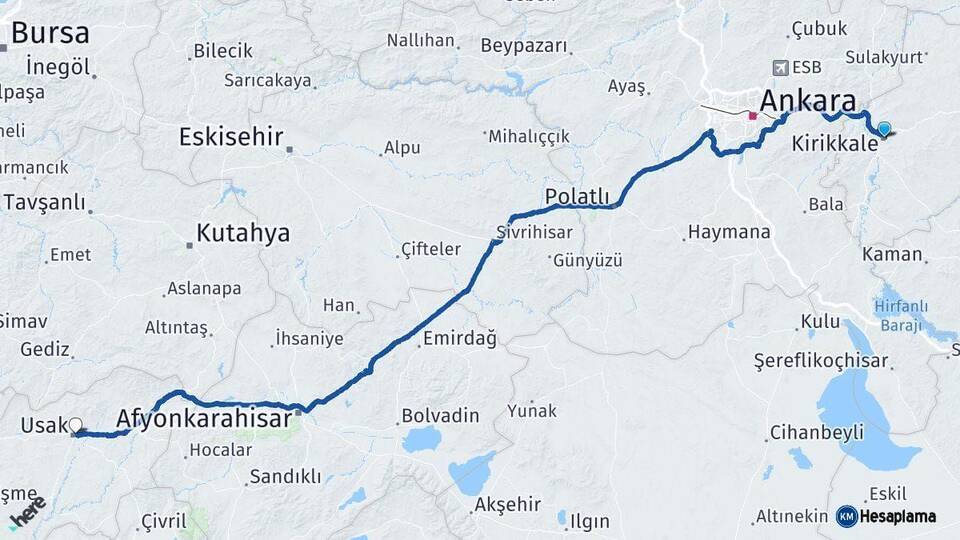 Kırıkkale Uşak Arası Kaç Km - Yol Haritası