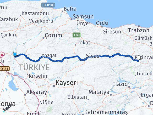 Kırıkkale Üzümlü Erzincan Arası Kaç Km - Yol Haritası