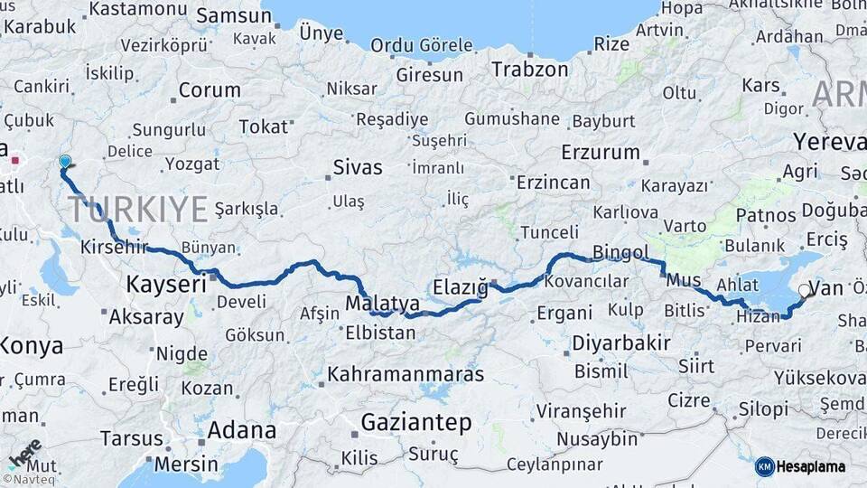 Kırıkkale Van Arası Kaç Km - Yol Haritası