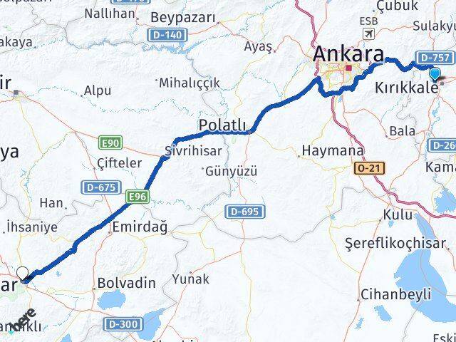 Kırıkkale Yahşihan Afyonkarahisar Arası Kaç Km - Yol Haritası