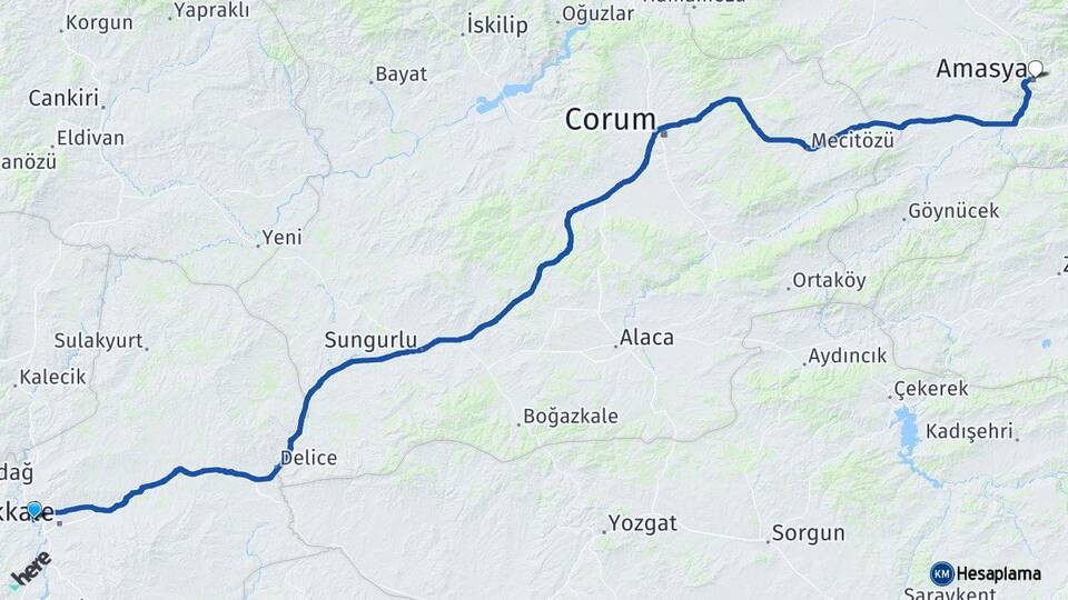 Kırıkkale Yahşihan Amasya Arası Kaç Km - Yol Haritası