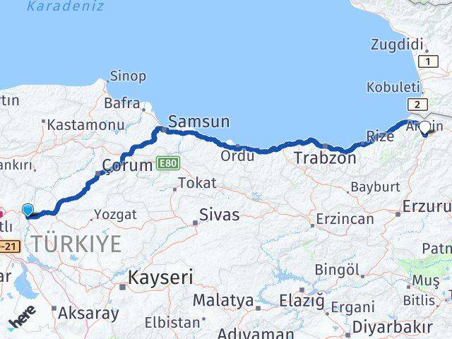 Kırıkkale Yahşihan Artvin Arası Kaç Km - Yol Haritası