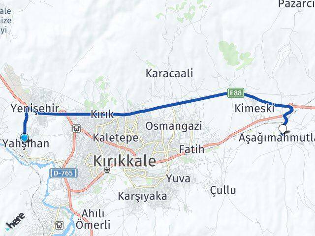 Kırıkkale Yahşihan Aşağımahmutlar Arası Kaç Km - Yol Haritası