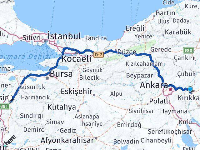 Kırıkkale Yahşihan Balıkesir Arası Kaç Km - Yol Haritası