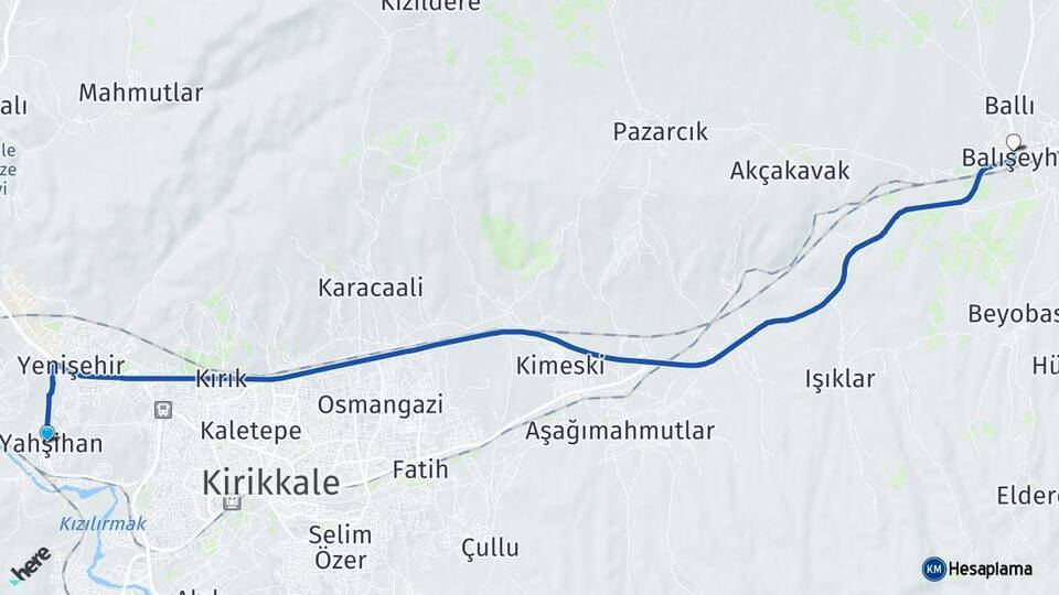Kırıkkale Yahşihan Balışeyh Arası Kaç Km - Yol Haritası