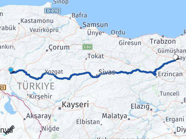 Kırıkkale Yahşihan Bayburt Arası Kaç Km - Yol Haritası