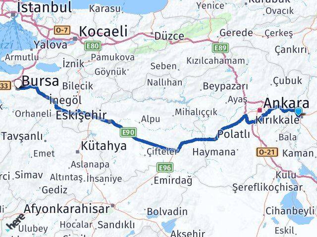 Kırıkkale Yahşihan Bursa Arası Kaç Km - Yol Haritası