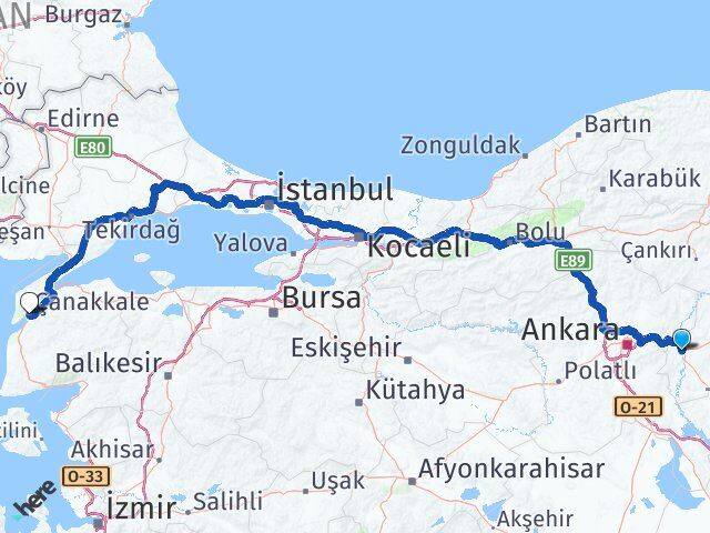 Kırıkkale Yahşihan Çanakkale Arası Kaç Km - Yol Haritası