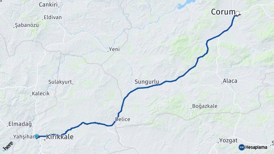 Kırıkkale Yahşihan Çorum Arası Kaç Km - Yol Haritası