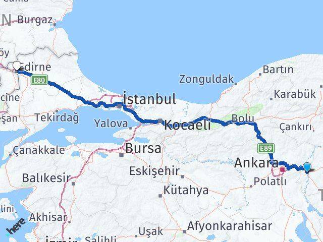 Kırıkkale Yahşihan Edirne Arası Kaç Km - Yol Haritası