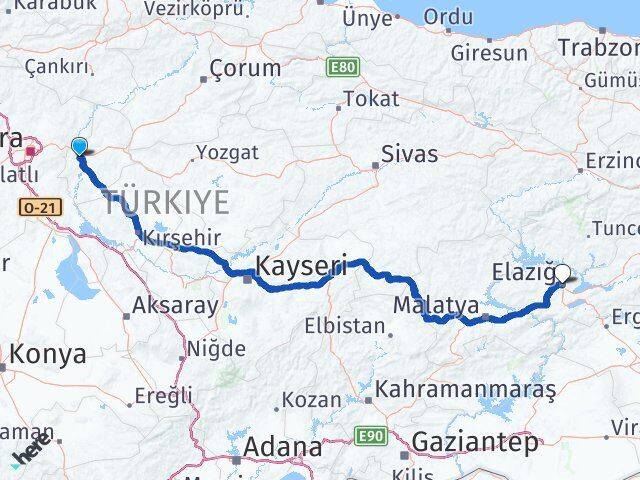 Kırıkkale Yahşihan Elazığ Arası Kaç Km - Yol Haritası
