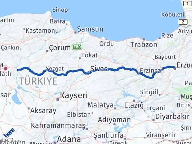 Kırıkkale Yahşihan Erzurum Arası Kaç Km - Yol Haritası