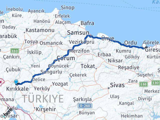 Kırıkkale Yahşihan Giresun Arası Kaç Km - Yol Haritası
