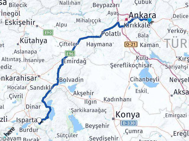 Kırıkkale Yahşihan Isparta Arası Kaç Km - Yol Haritası