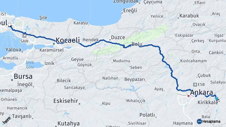 Kırıkkale Yahşihan İstanbul Arası Kaç Km - Yol Haritası