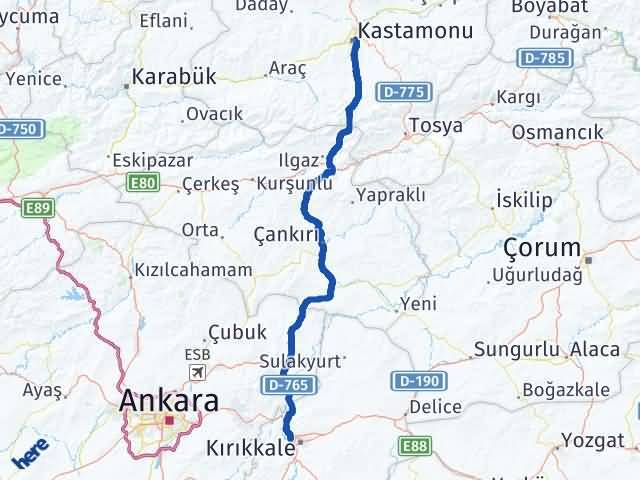 Kırıkkale Yahşihan Kastamonu Arası Kaç Km - Yol Haritası
