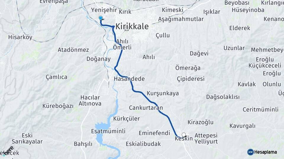 Kırıkkale Yahşihan Keskin Arası Kaç Km - Yol Haritası