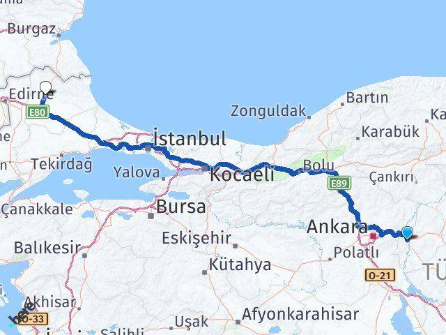 Kırıkkale Yahşihan Kırklareli Arası Kaç Km - Yol Haritası