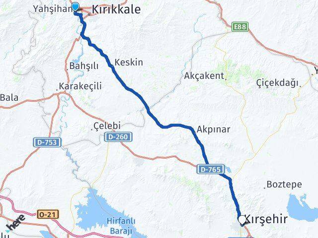 Kırıkkale Yahşihan Kırşehir Arası Kaç Km - Yol Haritası