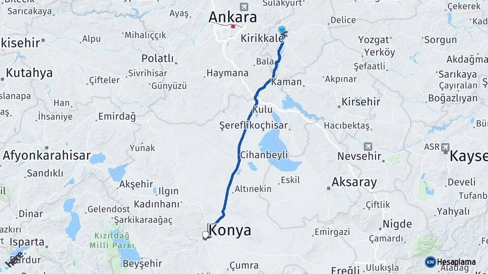 Kırıkkale Yahşihan Konya Arası Kaç Km - Yol Haritası