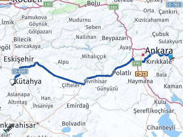 Kırıkkale Yahşihan Kütahya Arası Kaç Km - Yol Haritası