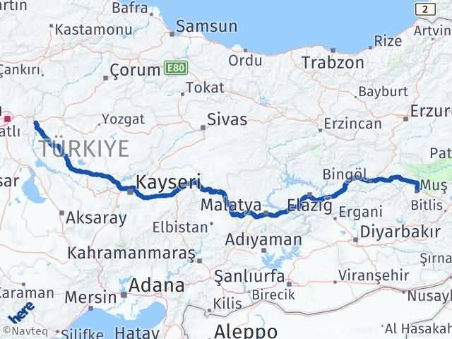 Kırıkkale Yahşihan Muş Arası Kaç Km - Yol Haritası