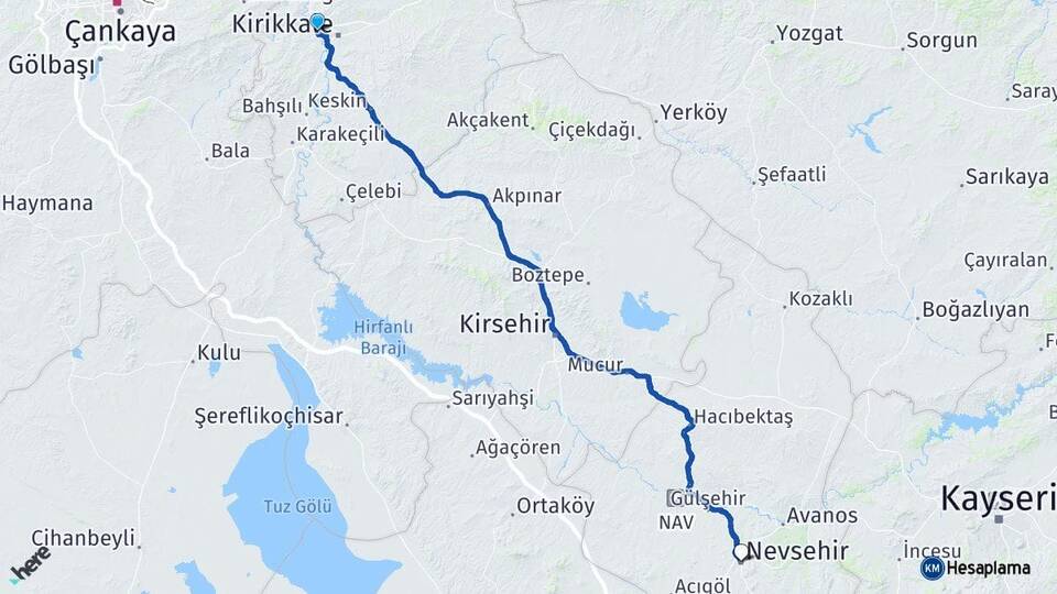 Kırıkkale Yahşihan Nevşehir Arası Kaç Km - Yol Haritası
